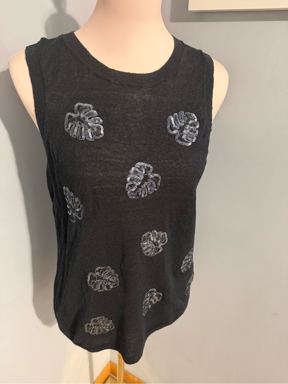 Tommy Bahama Black Sleeveless Top with Silver Leaf Sequin Embellishments